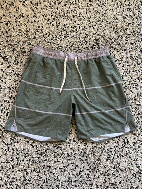 Vuori Trail Shorts Running Athletc Green Grey Stripe Lined Men’s Size Large